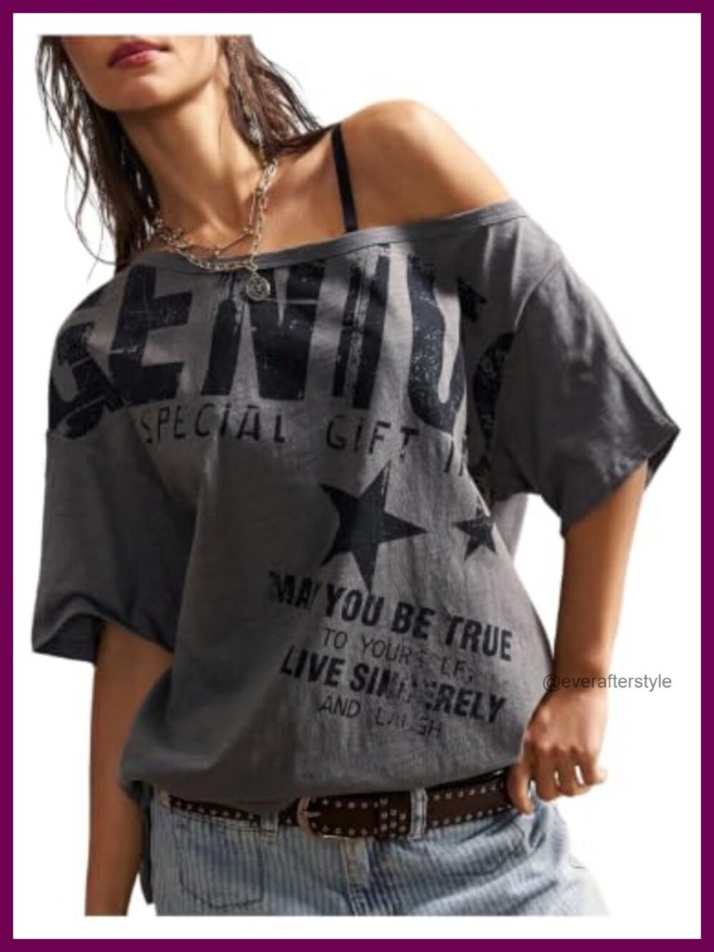 Off Shoulder Oversized Graphic Tee Shirt Y2K Women's Summer Top